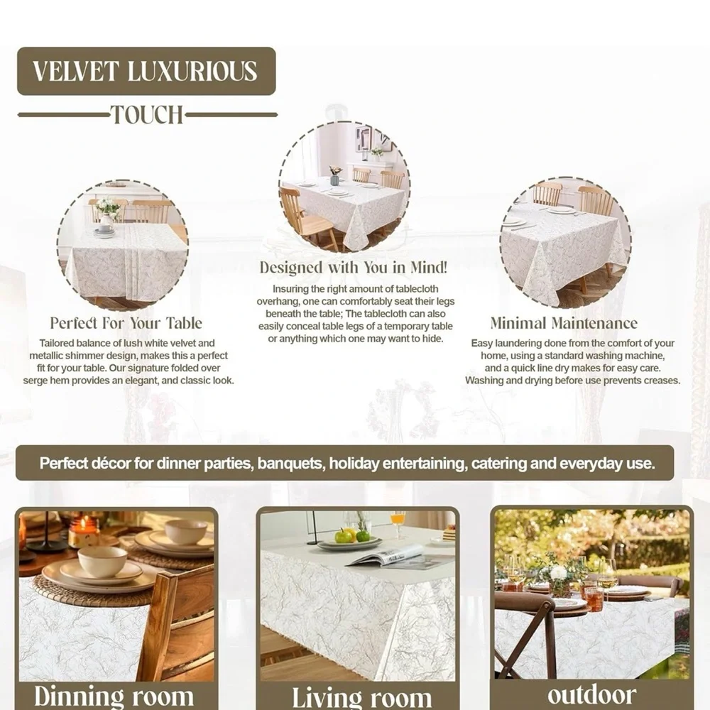 New Majestic Giftware Velvet Rectangle Tablecloth White With Gold Branch Print